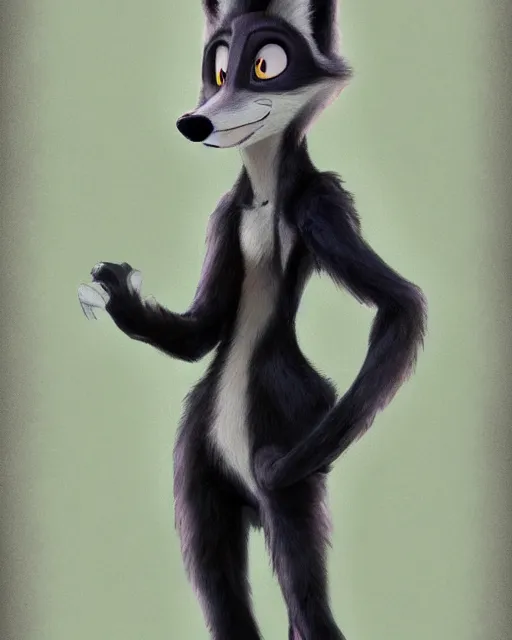 Prompt: full body oil painting of anthromorphic furry female wolf, in style of zootopia, female fursona, furry, furaffinity, 4 k, deviantart, furry art, fursona art, wearing black business suit, wearing black business suit, wolf fursona, female, very expressive detailed feminine face,