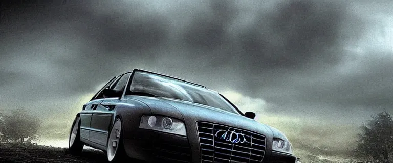Image similar to Audi A4 B6 Avant (2002), a post apocalyptic, dramatic lighting, cinematic, establishing shot, extremly high detail, photorealistic, cinematic lighting, artstation, style by greg rutkowsky, Max Payne (PC) (2001) landscape