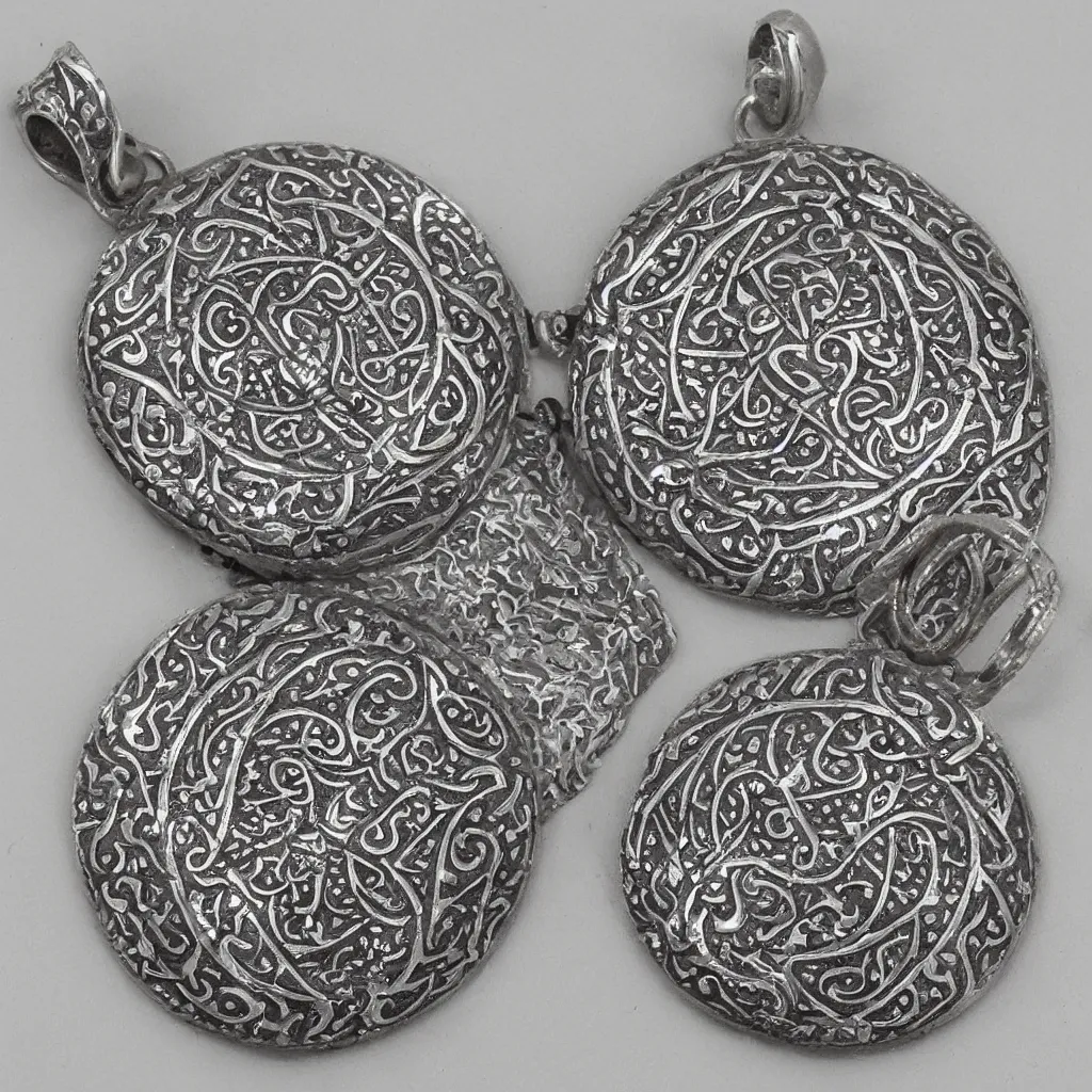 Prompt: Amulet Of Ottoman inlaid in silver, realistic, clean