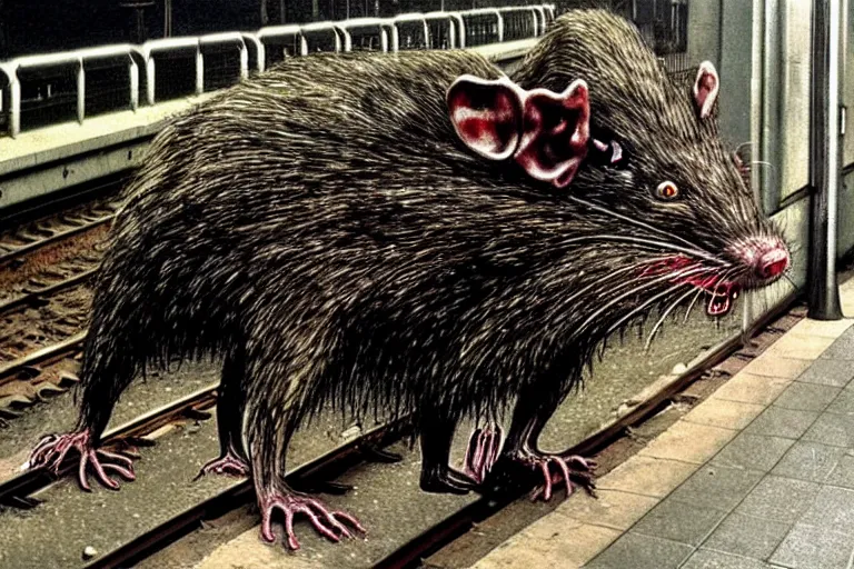 Image similar to very large giant mutant zombie irradiated ( angry rat ) staying on railways in tonnel of moscow subway. tonnel, railways, giant angry rat, furr, fangs, very realistic. extreme long shot, rusty colors, ( herman nitsch, giger )