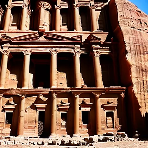 Image similar to the temple of petra with the pillars carved as anime characters