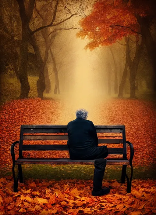 Prompt: man into leaves. conceptual photography portrait of an old man on a park bench falling apart into leaves, autumn tranquility, forgetfulness, fading to dust and leaves, oblivion, inevitability, aging, surreal portrait, moody, by tom bagshaw, hopeless, 4 k