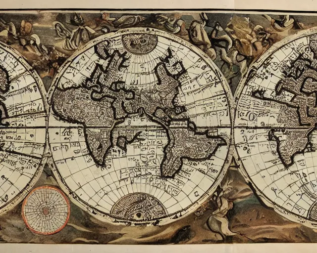 Prompt: highly detailed ancient map of the world, flat earth model, beautiful caligraphy and notations, beautiful detailed illustrations, ancient lost artefacts, 3 5 mm film photo