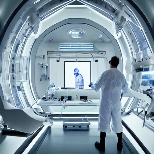 Prompt: ultra realistic and intricate detailed portrait photograph of a futuristic surgeon, standing inside futuristic operating room, full length, doctor, medicine, healthcare, technology, innovation, bright modern style, depth of field, ambient lighting, award winning, magazine cover,