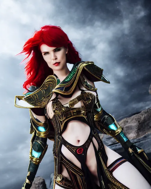 Prompt: red - haired final fantasy egyptian woman, warframe armor, regal, attractive, ornate, sultry, sexy, beautiful, elize theron, pretty face, green eyes, scifi platform, 4 k, ultra realistic, epic lighting, illuminated, cinematic, black gold, art by akihito tsukushi, voidstar