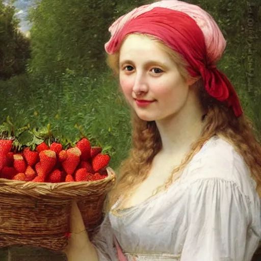 Image similar to A beautiful Blonde Woman with Locks selling strawberries in the style of Sophie Anderson, Portrait