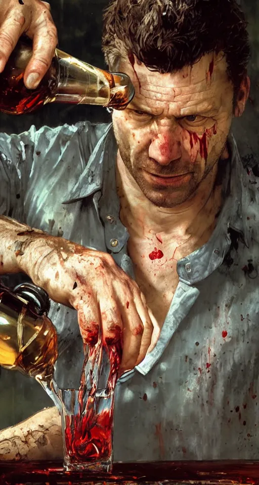 Image similar to close up of bloodied max payne pouring a drink, sun shining, photo realistic illustration by greg rutkowski, thomas kindkade, alphonse mucha, loish, norman rockwell.