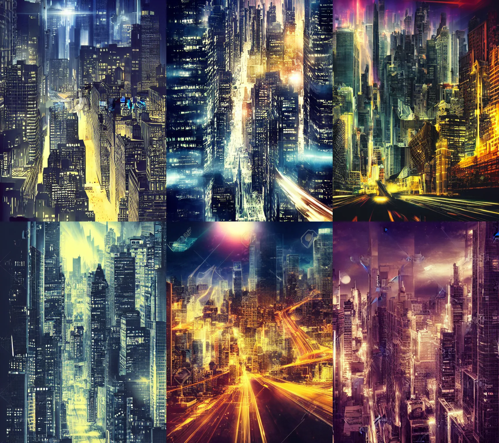 Prompt: travelling at the speed of the light through the city, high buildings, night, concept for a movie poster