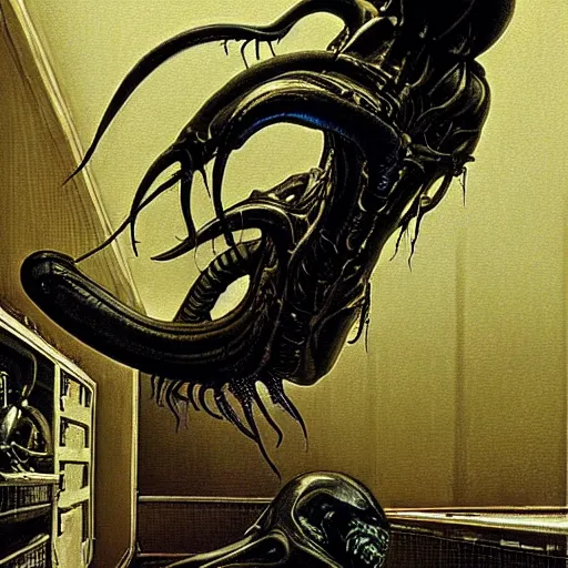 Image similar to black glossy xenomorph, alien movie, backrooms, endless abandoned office cubicles, pale yellow wallpaper, moist brown carpet, dim fluorescent lighting, artstation, ultra detailed, creepy, dramatic lighting, photorealistic, art by h. r. giger and chris foss and beksinski