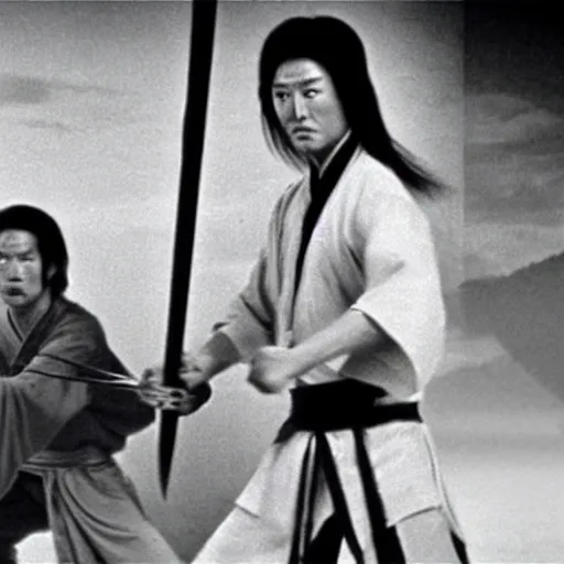 Image similar to Wuxia movie, kung fu movie, yokai, glam metal hair, demon man, Jiang sword 1977, cinematic