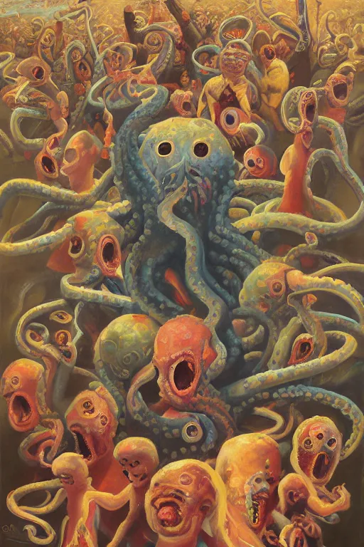 Prompt: a painting of a group of people standing around cheering on fighting, tentacled alien babies, a surrealist painting by clark voorhees, cg society, pop surrealism, lovecraftian, cosmic horror, surrealist, poster art