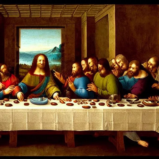 Prompt: A renaissance painting by Leonardo da Vinci that looks like The Last Supper, of a long table, but every character is a baby and the only type of food on the table is milk. There are many bottles of milk on the table. Detailed, realistic, artstation, symmetrical composition