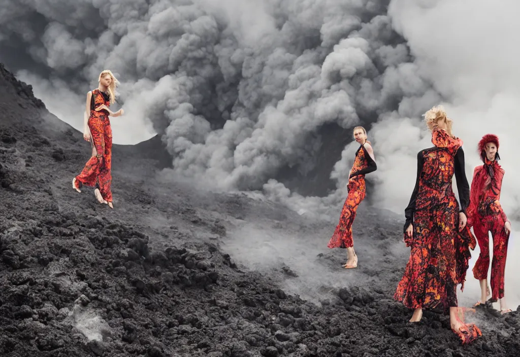 Prompt: fashion editorial in volcano eruption.