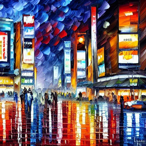 Prompt: Oil painting of Shibuya Crossing by Leonid Afremov