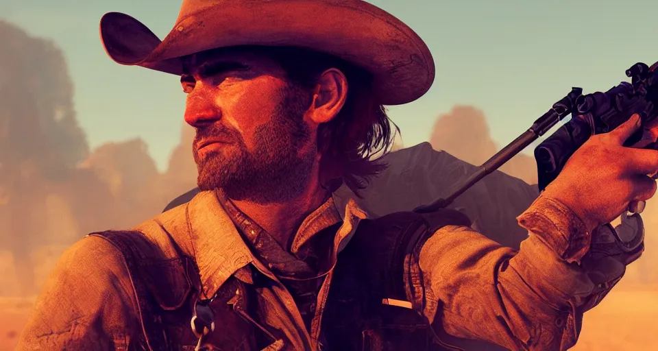 prompthunt: Arthur Morgan smoking a cigar, wild west background