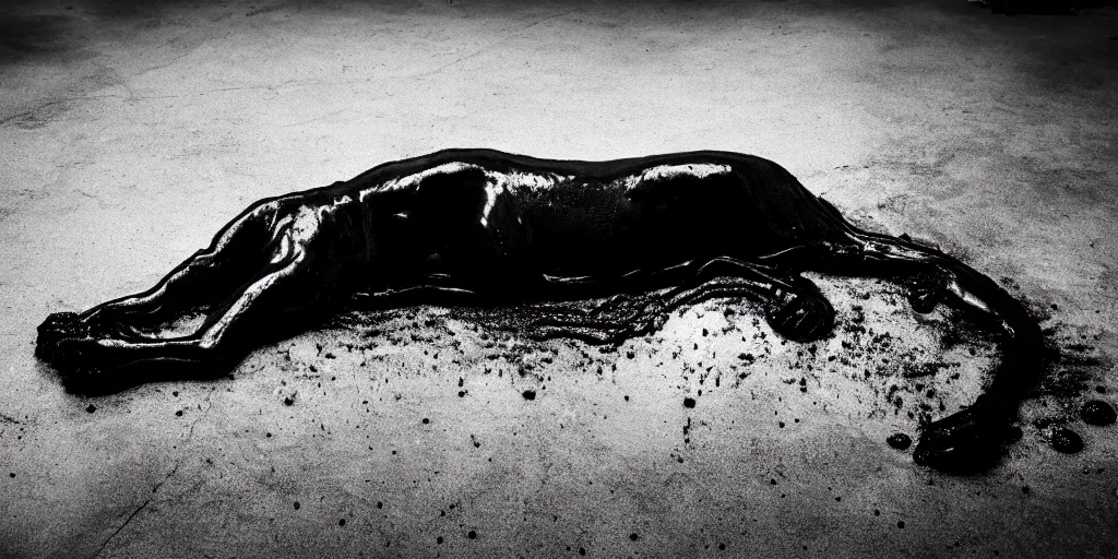 Image similar to the black lioness made of ferrofluid, laying on their back, bathing in a bathrub filled with tar, dripping tar, drooling goo, covered in slime, sticky black goo, dripping goo, sticky black goo. photography, dslr, reflections, black goo, rim lighting, cinematic light, tar pit, chromatic, saturated, slime, modern bathroom