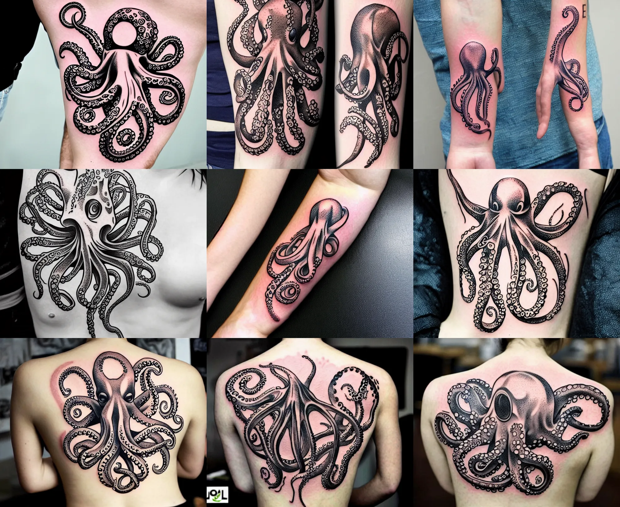 Prompt: detailed amazing floral tattoo stencil of a cartoon octopus