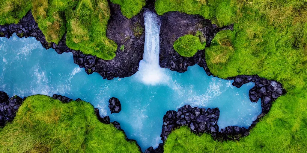 Image similar to drone shot photo of a landscape with mountains, waterfalls, wallpaper, very very wide shot, blue glacier, iceland, new zeeland, green flush moss, national geographic, award landscape photography, professional landscape photography, sunny, day time, beautiful