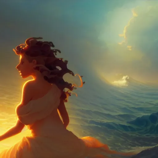 Prompt: close up of a beautiful girl on the horizon, looking at camera, model pose, slightly smiling, big wave, by peter mohrbacher and makoto shinkai and ferdinand knab