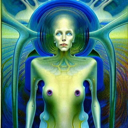 Image similar to realistic extremely detailed portrait painting of a blurry bizarre ghost, futuristic sci-fi landscape on background by Jean Delville, Amano, Yves Tanguy, Alphonse Mucha, Ernst Haeckel, Edward Robert Hughes, Roger Dean, rich moody colours, blue eyes