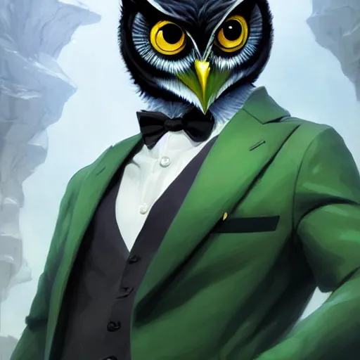 Image similar to a half human half owl creature wearing a green tuxedo suitCharacter design by charlie bowater, ross tran, artgerm, and makoto shinkai, detailed, inked, western comic book art, 2021 award winning painting,digital art,ultra realistic,ultra detailed,art by greg rutkowski,hyperdetailed,photorealistic