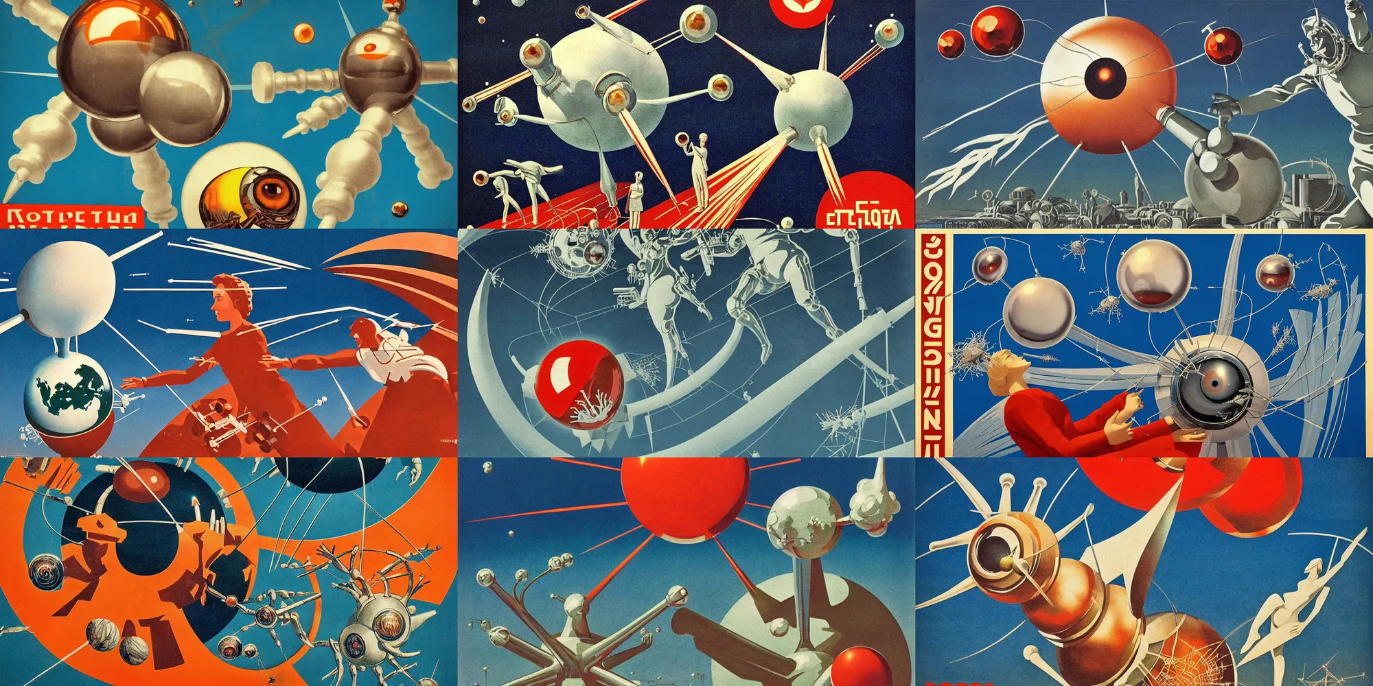 Prompt: a soviet era propaganda poster masterful 3d render featuring a chrome and living tissue dendritic organic Sputnik with one gigantic goat eye releasing its !!spores!! while in orbit around the earth, sculpted !!!!iridescent!!!! tissue, soft lighting, chrome and viscera and bone, composition, Cronenberg automata, Marsden, ito, Ryden, sci-fi, Koons, Dieter Rams,