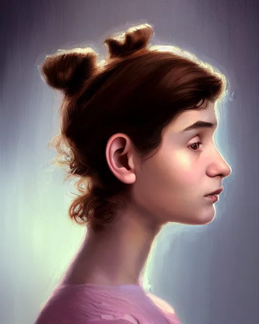 Image similar to !dream portrait of a welsh teenage girl with brown hair, glowing skin, delicate features, quiet beauty, amelie poulain, cute ears, teenage audrey tautou, fantasy, intricate, elegant, dress shirt, highly detailed, digital painting, artstation, concept art, smooth, sharp focus, illustration, art by Krenz Cushart and Artem Demura and alphonse mucha, floral background