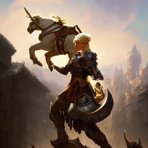 Image similar to a blonde paladin woman holding her shield up fighting a giant goat on the streets of a fantasy town, d & d, fantasy, highly detailed, digital painting, artstation, concept art, character art, art by greg rutkowski and tyler jacobson and alphonse mucha