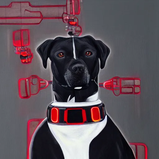Prompt: painting of a black robot cyborg pitbull lab wearing thin red dog - collar, hyper detailed, robot, wires, lights, thin brush strokes, oil painting