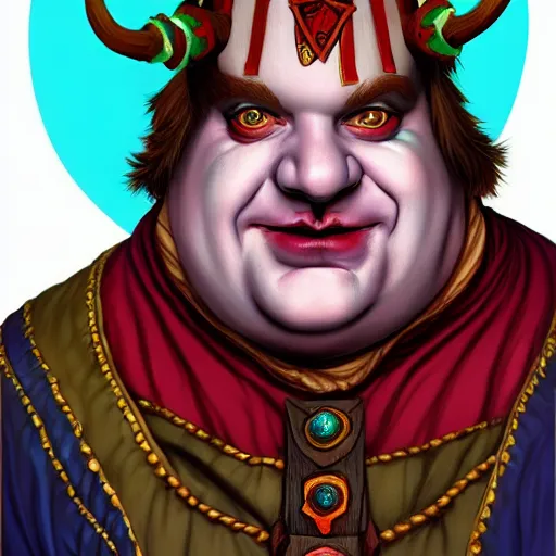 Image similar to a fantasy comic - style full portrait of a jester who looks like chris farley, digital illustration by ken taylor and sana takeda and jenny frison, character design, concept art, fine inking lines, vivid colors, dnd, highly detailed!, hd, 4 k, trending on artstation