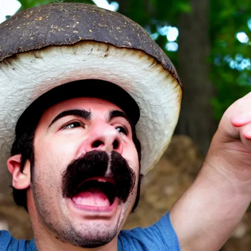 Image similar to photo of real life mario finding a giant mushroom, exhilarated, portrait, closeup. mouth open, 30mm, bokeh