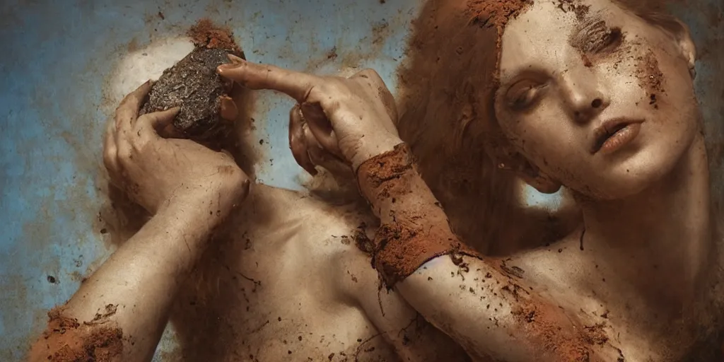 Image similar to highly detailed photography of a woman made of rust clay and ember, rocks, hand gesture, sharp focus, dust particles, dirt, dramatic scene, aesthetic, dynamic lighting, elegant, harmony, masterpiece, by roberto ferri, blue background, high quality, spatula