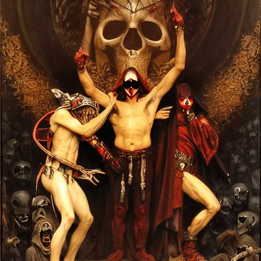 Prompt: dante's inferno, with people in black hooded tunic like in the film eyes wide shut of stanley kubrick, illuminati symbol, crows, skeletons, crosses, dark beauty, rotten gold, perfect faces. highly detailed painting by gaston bussiere and j. c. leyendecker 8 k