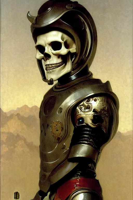 Image similar to portrait of a skull man astronaut with chinese dragon armor and helmet, majestic, solemn, by bouguereau