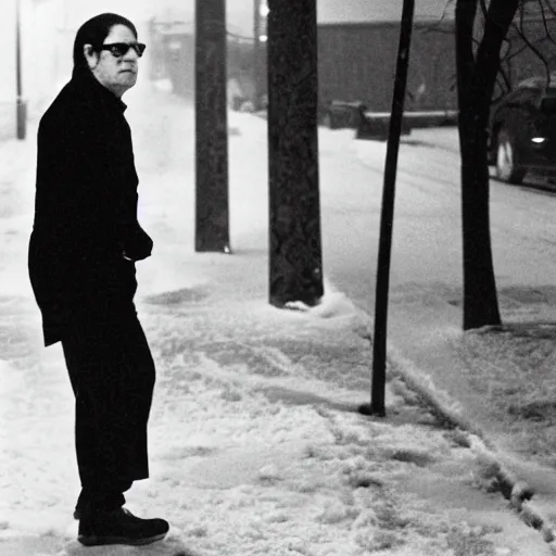 Prompt: Cyborg Morton Feldman struts through the suburbs on a winter night
