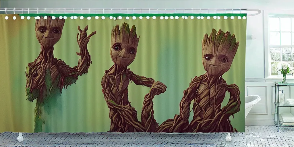 Image similar to shower curtain product catalog. wide - angle photo. on the curtain is a watercolor of the baby groot dancing. the water color has ink under drawing. wide - angle product photography of a shower curtain, product lighting. 4 k, highly detailed. saturated.