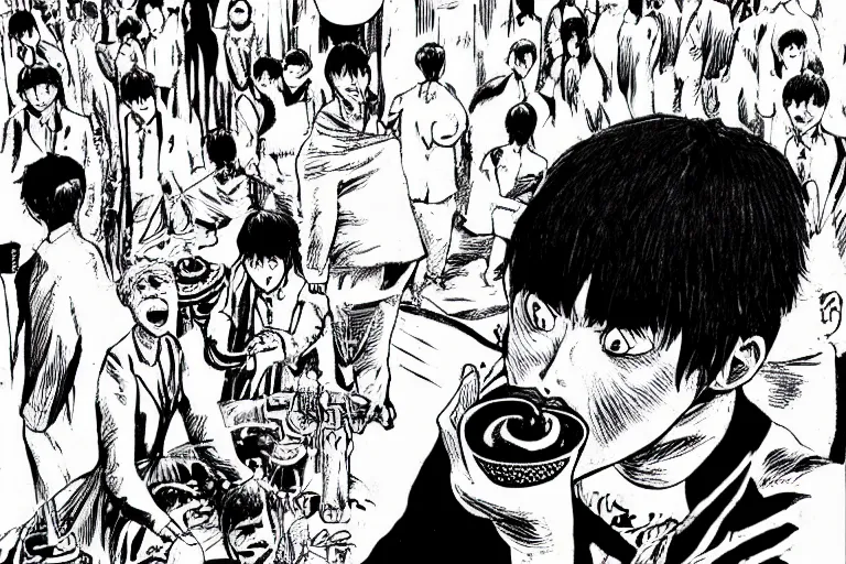 Image similar to Joe Bide eats ice cream and people, Junji Ito