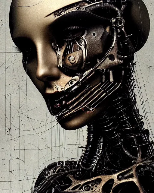 Image similar to a young beautiful female cyborg profile face, by h. r. giger, by ismail inceoglu, by kiki smith, glamor shot, vintage, closeup, f / 2. 8, low contrast, 1 6 k, rim lighting, cinematic lighting, insanely detailed and intricate, hypermaximalist, elegant, ornate, hyper realistic, super detailed