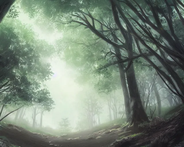 Image similar to environmental illustration of a wide angle shot of a trail in a foggy ancient forest | | anime key visual, official media, illustrated by wlop, extremely detailed, 8 k, trending on pixiv, cinematic lighting, beautiful