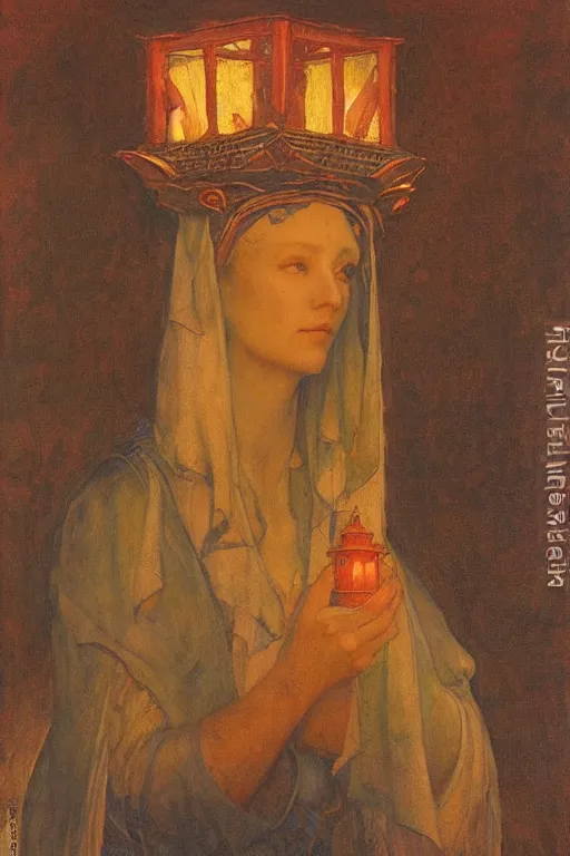 Image similar to queen of the fog with her lantern by Annie Swynnerton and Nicholas Roerich and jean delville, strong dramatic cinematic lighting , ornate headdress , lost civilizations, smooth, sharp focus, extremely detailed