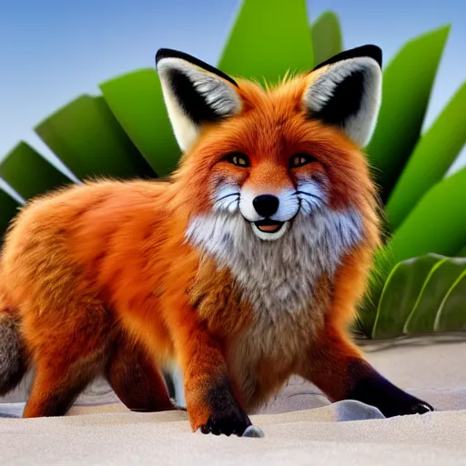 Image similar to a photorealistic adorable fierce furry monster with long fur long floppy rabbit ears chubby body and fox body and wolf legs with thick stubby claws, fox colored fur, grinning at the camera showing sharp teeth, with a mischievous grin, happy lighting, at a tropical beach