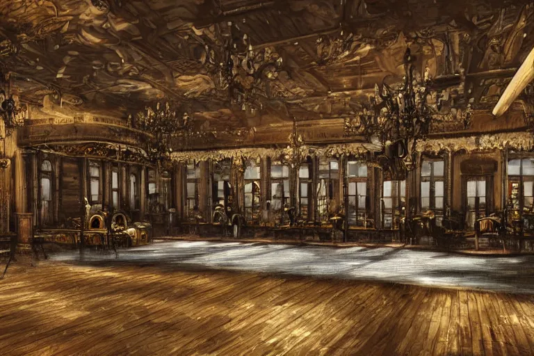 Prompt: steampunk ballroom filling with water, waves sloshing around, wide shot, cinematic, realistic painting