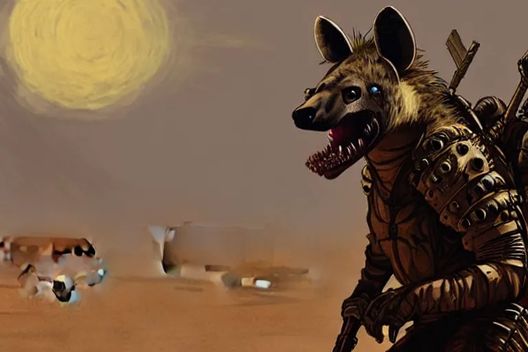 Image similar to a good ol'hyena fursona ( from the furry fandom ), heavily armed and armored facing down armageddon in a dark and gritty version from the makers of mad max : fury road. witness me.