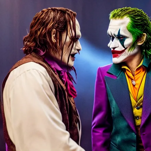 Prompt: A still of Johnny Depp talking with The Joker on a premiere, 4k, highly detailed, photograph, photoreal, professional lighting, promo shoot, award winning
