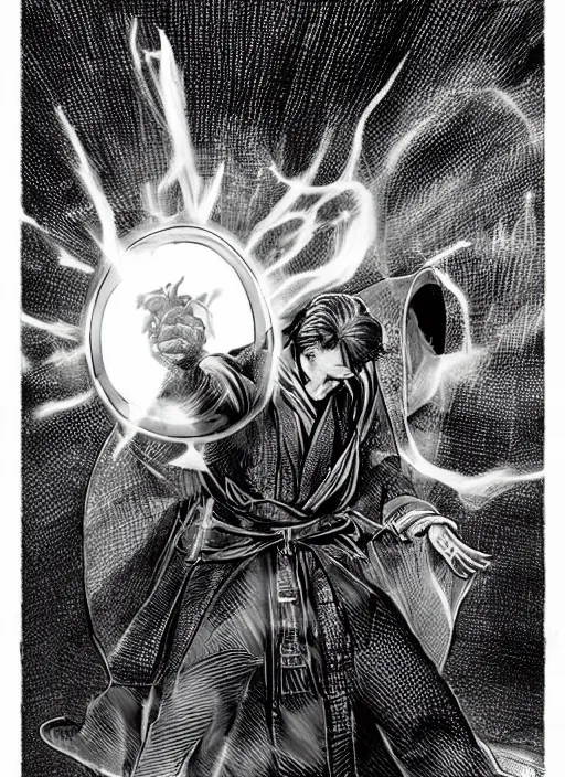 Prompt: dr. strange casting a shield spell in the metaverse with a shiba inu samurai at his feet, hyper realistic, highly detailed, perfect face, smooth, focus