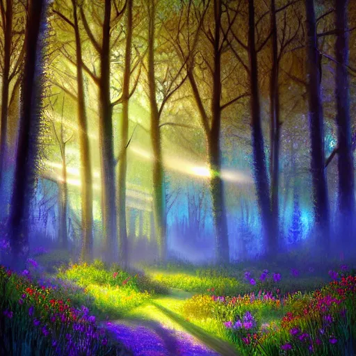 Prompt: digital painting mystical forest with teal ambient lighting and sunbeams, glowing blue flowers, hyper realistic, cinematic lighting