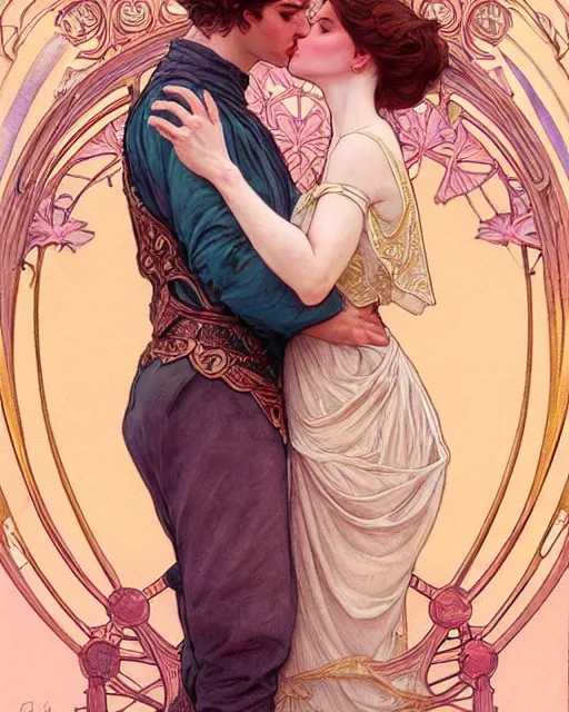 Image similar to the kiss | highly detailed | very intricate | art nouveau | gold filigree | romantic storybook fantasy | soft cinematic lighting | award - winning | disney watercolor illustration by mandy jurgens and alphonse mucha and alena aenami | pastel color palette | featured on artstation