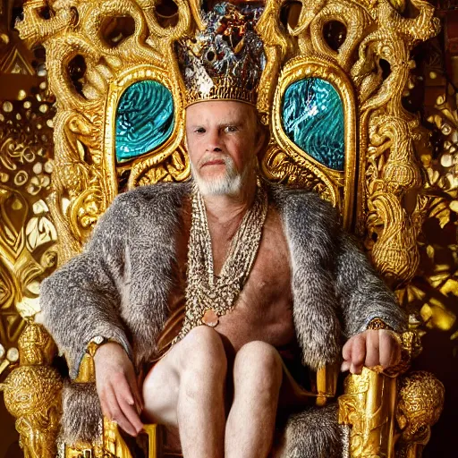 Image similar to Award Winning Highly Detailed Portrait Photo of Mythological King Royally decorated sitting in a shining Filigree throne designed by Gaudi, Silks, Furs, wide-angle long shot