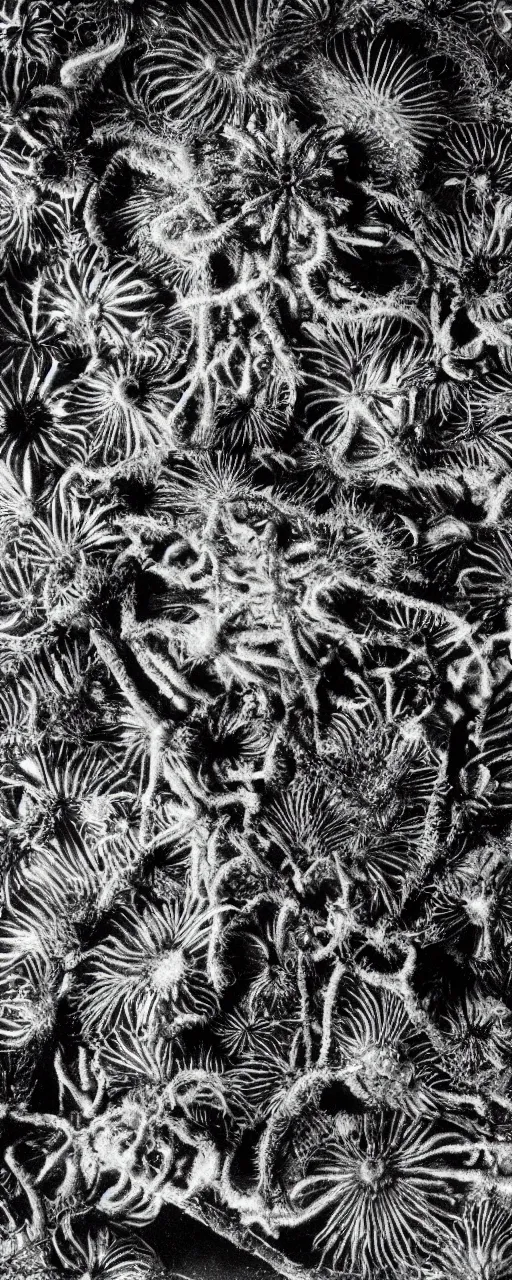 Prompt: a Dark Moody black and white photo taken with a holga by Ernst Haeckel