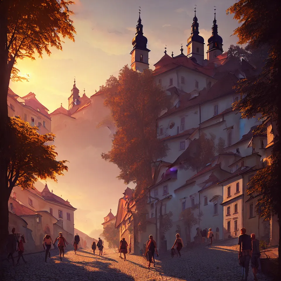 Image similar to a beautiful photo of banska stiavnica in summer with old houses and trees in sunset, sky, people walking on street, unreal engine, by greg rutkowski and james gurney, artstation